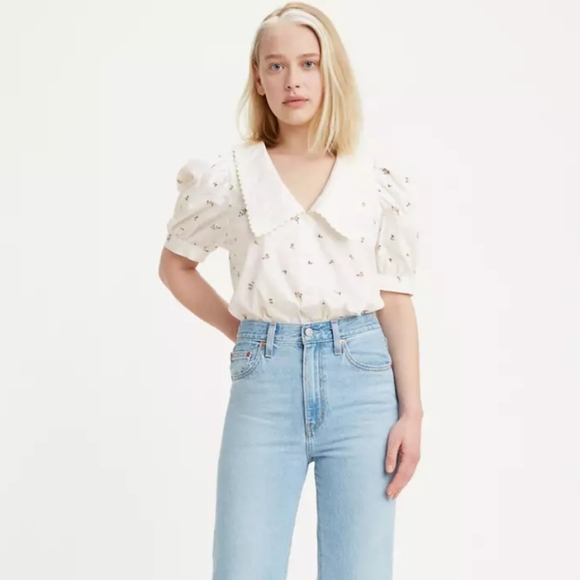 LEVI Royce Collar Puff Sleeve Top- medium - Picture 2 of 3